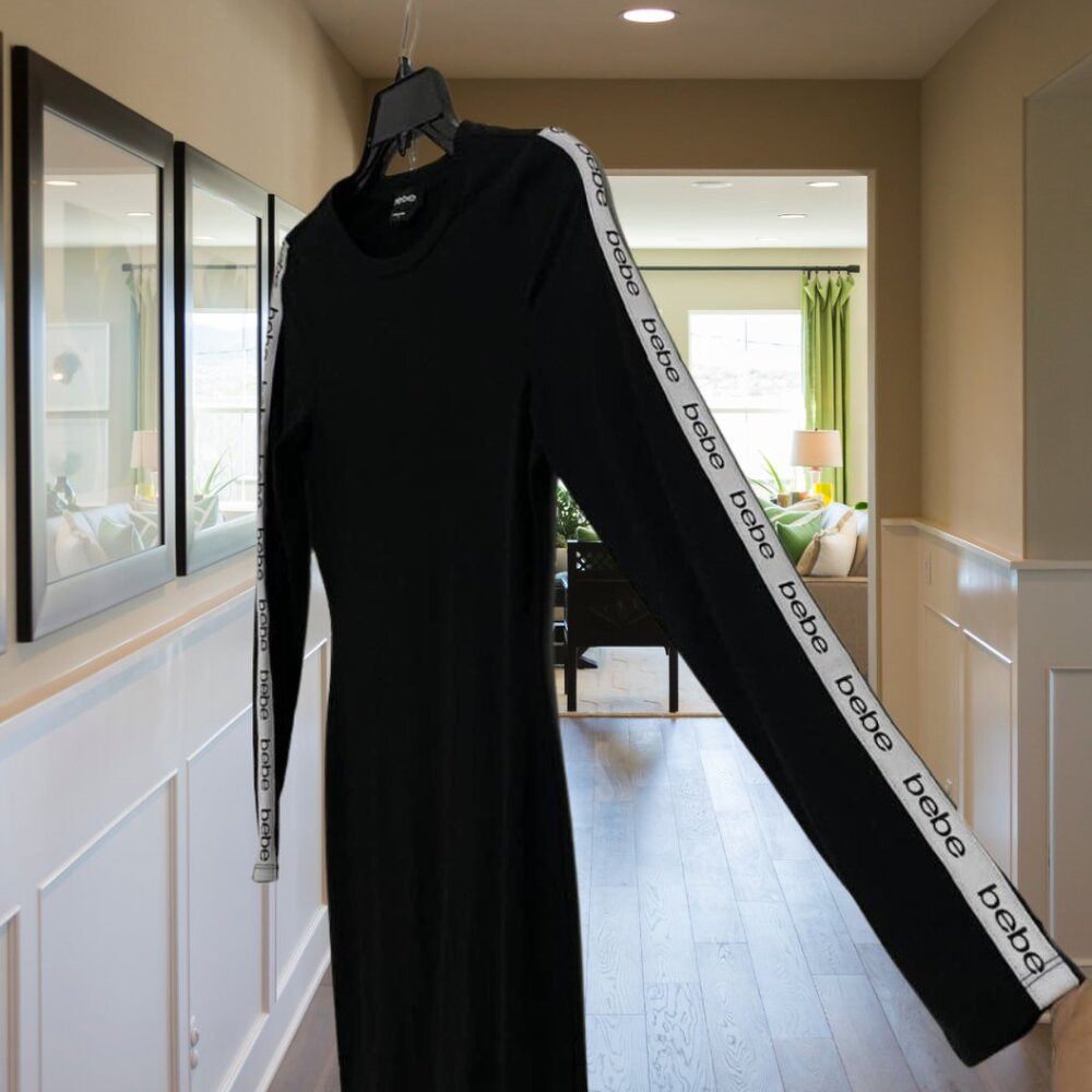 Bebe Black Logo Tape Sleeve Bodycon Dress Size Small Stretch Long Sleeve Y2 - Picture 5 of 11
